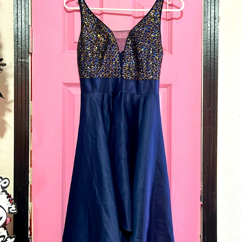 EverPretty prom dress; navy blue, gold accents, petite friendly
